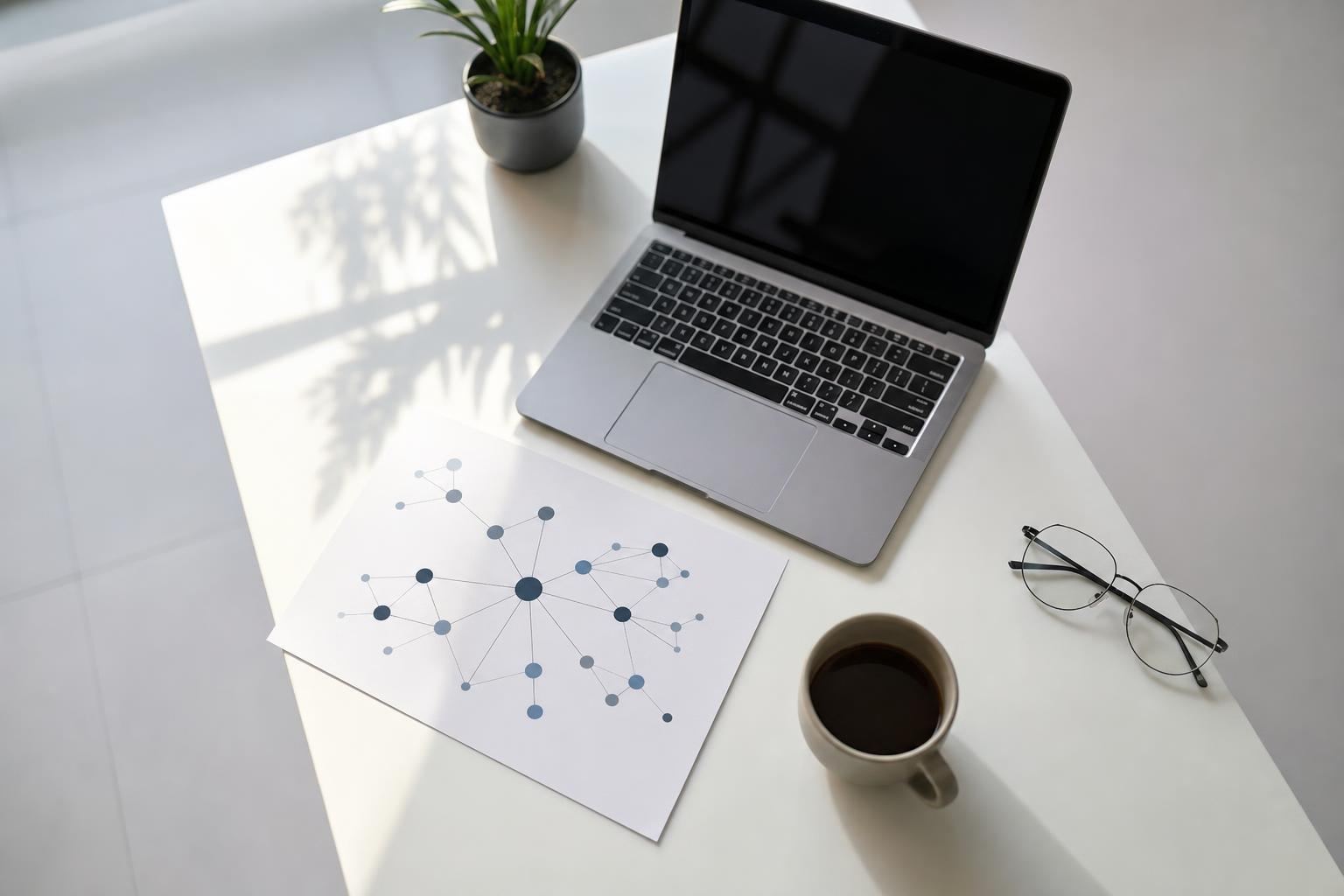 Bureau avec ordinateur portable et schéma de nœuds imprimé sur la table
